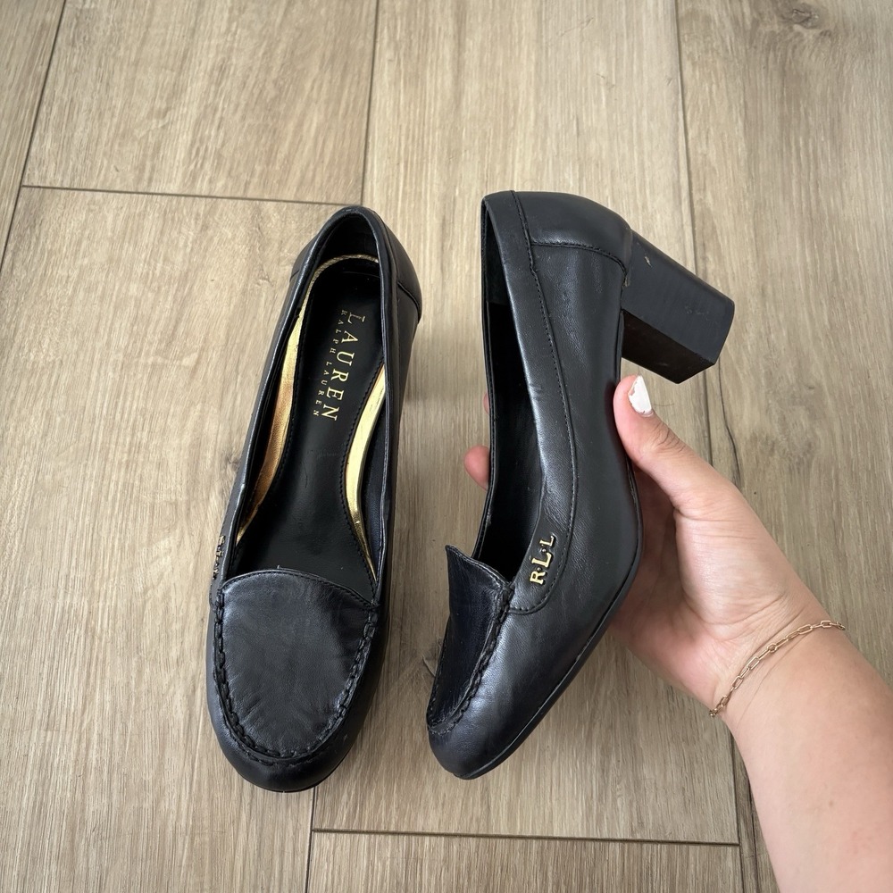 Lauren Ralph Lauren Black Round Toe Block Heel Pumps Women's Size 6B Slip On